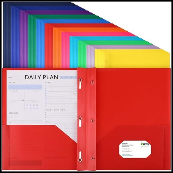 72 Pack Heavy Duty Plastic Folders with 3 Prong Fasteners Business Card Slot